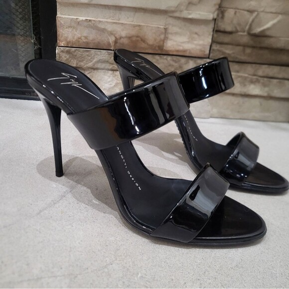 Giuseppe Zanotti Black Patent Leather Open Toe Sandals Dual Band Stiletto 37.5 - Picture 1 of 16